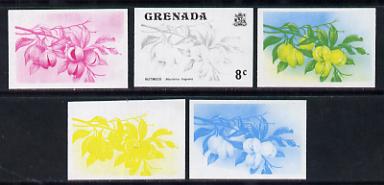 Grenada 1975 Nutmegs 8c set of 5 imperf progressive colour proofs comprising the 4 basic colours plus blue & yellow composite (as SG 655) unmounted mint, stamps on food      herbs & spices