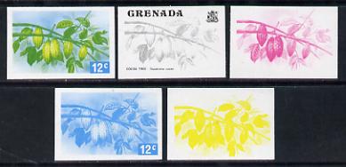 Grenada 1975 Cocoa Tree 12c set of 5 imperf progressive colour proofs comprising the 4 basic colours plus blue & yellow composite (as SG 657) unmounted mint, stamps on trees    drink    food