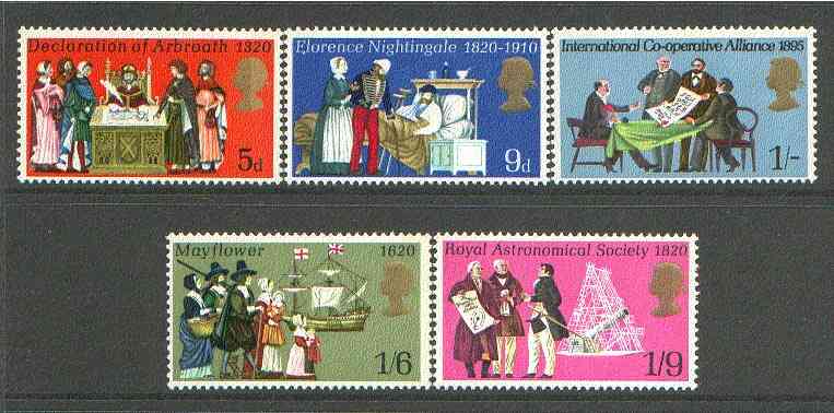 Great Britain 1970 Anniversaries unmounted mint set of 5, SG 819-23*, stamps on , stamps on  stamps on history, stamps on science, stamps on telescope, stamps on nurses, stamps on medical