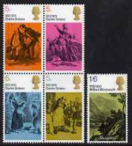 Great Britain 1970 Literary Anniversaries - Charles Dickens & William Wordsworth unmounted mint set of 5 SG 824-28, stamps on literature, stamps on personalities, stamps on dickens