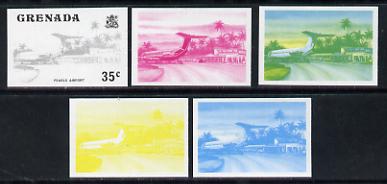 Grenada 1975 Pearls Airport 35c set of 5 imperf progressive colour proofs comprising the 4 basic colours plus 2-colour composite (as SG 661) unmounted mint, stamps on aviation    airports