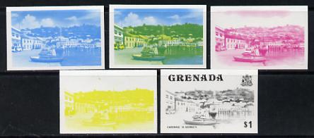 Grenada 1975 Carenage $1 set of 5 imperf progressive colour proofs comprising the 4 basic colours plus blue & yellow composite (as SG 664) unmounted mint, stamps on tourism