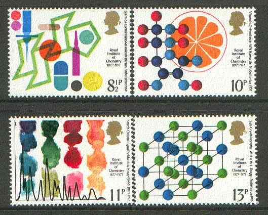 Great Britain 1977 Royal Institute of Chemistry Centenary unmounted mint set of 4 SG 1029-32, stamps on , stamps on  stamps on chemistry, stamps on nobel, stamps on science