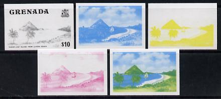 Grenada 1975 Sugar Loaf Island $10 set of 5 imperf progressive colour proofs comprising the 4 basic colours plus blue & yellow composite (as SG 668) unmounted mint, stamps on tourism
