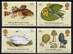 Great Britain 1988 Bicentenary of Linnean Society set of 4 unmounted mint, SG 1380-83, stamps on fish, stamps on flowers, stamps on birds, stamps on fungi