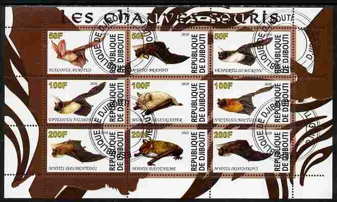 Djibouti 2010 Bats perf sheetlet containing 9 values fine cto used, stamps on animals, stamps on mammals, stamps on bats
