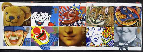 Great Britain 1991 Greeting Stamps (Smiles inscribed 1st) unmounted mint booklet pane of 10 plus labels,,SG 1550a, stamps on teddy bears, stamps on entertainments, stamps on comics, stamps on police, stamps on fairy tales, stamps on alice, stamps on  