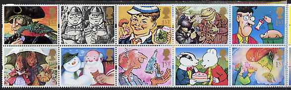 Great Britain 1993 Greeting Stamps (Gift Giving) unmounted mint booklet pane of 10, SG 1644a, stamps on cartoons, stamps on comic, stamps on literature, stamps on parrots, stamps on spider, stamps on frogs, stamps on fairy tales, stamps on alice, stamps on chess, stamps on 