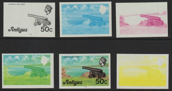Antigua 1976 Cannon 50c (with imprint) set of 6 imperf progressive colour proofs comprising the 4 basic colours, blue & yellow composite plus all 4 colours (as SG 481B) u..., stamps on militaria, stamps on cannons