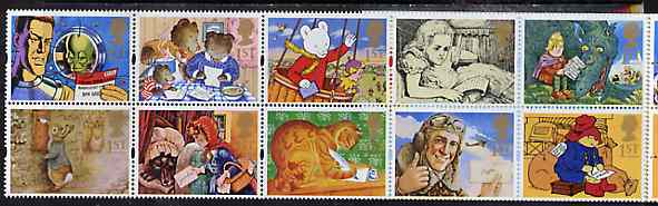 Great Britain 1994 Greeting Stamps (Messages) unmounted mint booklet pane of 10, SG 1800a, stamps on cartoons, stamps on literature, stamps on postbox, stamps on teddies, stamps on sci-fi, stamps on fairy tales, stamps on alice    