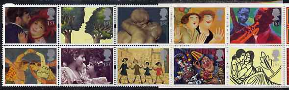 Great Britain 1995 Greeting Stamps (Greetings in Art) unmounted mint booklet pane of 10, stamps on arts, stamps on shakespeare, stamps on jazz, stamps on circus, stamps on clowns