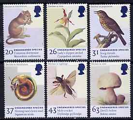 Great Britain 1998 Endangered Species unmounted mint set of 6, SG 2015-20*, stamps on snail    thrush    insects     fungi    orchids      mouse