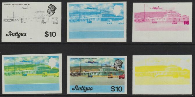 Antigua 1976 Coolidge Airport $10 (with imprint) set of 6 imperf progressive colour proofs comprising the 4 basic colours, blue & yellow composite plus all 4 colours (as ..., stamps on aviation    airports