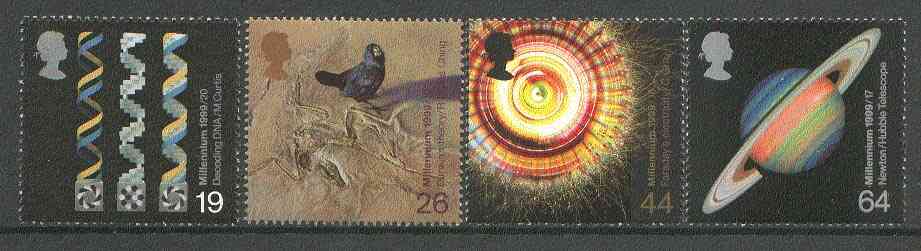 Great Britain 1999 Millennium Series #08 - the Scientists' Tale set of 4 unmounted mint SG 2102-05, stamps on , stamps on  stamps on science, stamps on fossils, stamps on space, stamps on energy, stamps on planets, stamps on astronomy, stamps on millennium