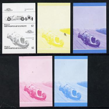 St Vincent - Bequia $2 Napier Railton (1933) set of 5 imperf progressive colour proofs in se-tenant pairs comprising the 4 basic colours plus blue & magenta composite (5 ..., stamps on cars, stamps on napier