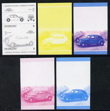 St Vincent 1985 Cars #3 (Leaders of the World) 1c Lancia Aprilia (1937) set of 5 imperf progressive colour proofs in se-tenant pairs comprising the 4 basic colours plus b..., stamps on cars, stamps on lancia