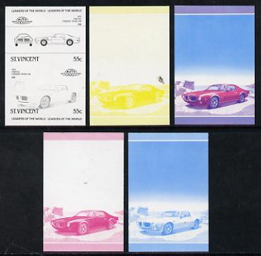 St Vincent 1985 Cars #3 (Leaders of the World) 55c Pontiac Firebird (1973) set of 5 imperf progressive colour proofs in se-tenant pairs comprising the 4 basic colours plus blue & magenta composite (5 pairs as SG 864a) unmounted mint, stamps on cars, stamps on pontiac