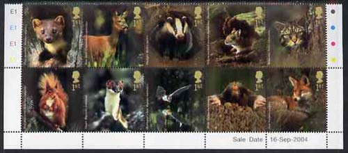 Great Britain 2004 Woodland Animals perf se-tenant block of 10 values unmounted mint SG 2479a, stamps on animals, stamps on marten, stamps on squirrels, stamps on deer, stamps on bats, stamps on mammals, stamps on badgers, stamps on fox, stamps on dogs, stamps on cats, stamps on  fox , stamps on foxes, stamps on  