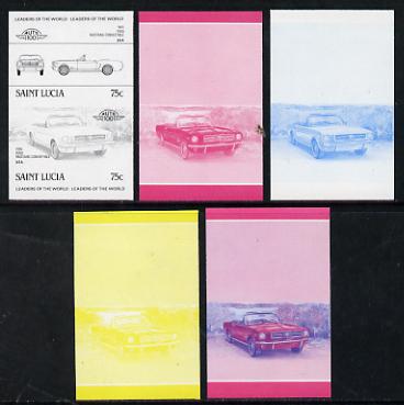 St Lucia 1984 Cars #2 (Leaders of the World) 75c Ford Mustang (1965) set of 5 imperf progressive colour proofs in se-tenant pairs comprising the 4 basic colours plus blue..., stamps on cars, stamps on ford