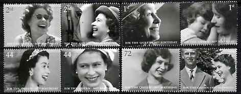Great Britain 2006 80th Birthday of HM Queen Elizabeth II perf set of 8 (4 se-tenant pairs) SG 2620-27, stamps on royalty