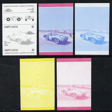 St Lucia 1984 Cars #2 (Leaders of the World) $2 Aston Martin DB3S (1954) set of 5 imperf progressive colour proofs in se-tenant pairs comprising the 4 basic colours plus ..., stamps on cars, stamps on aston martin
