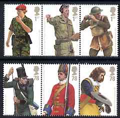Great Britain 2007 British Army Uniforms perf set of 6 values (2 se-tenant strips of 3) unmounted mint SG 2774-79, stamps on militaria, stamps on uniforms, stamps on 