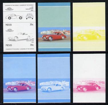 Nevis 1985 35c Cisitalia Coupe (1948) set of 6 imperf progressive colour proofs in se-tenant pairs comprising the 4 basic colours plus blue & magenta and blue, magenta & yellow composites (6 pairs as SG 328a) unmounted mint, stamps on , stamps on  stamps on cars