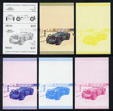 Nevis 1985 $1.15 MG K3 Magnette (1933) set of 6 imperf progressive colour proofs in se-tenant pairs comprising the 4 basic colours plus blue & magenta and blue, magenta &..., stamps on cars, stamps on  mg , stamps on 