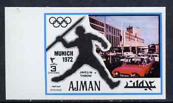 Ajman 1971 Javelin 3dh from Munich Olympics imperf set of 20, Mi 728B unmounted mint, stamps on javelin