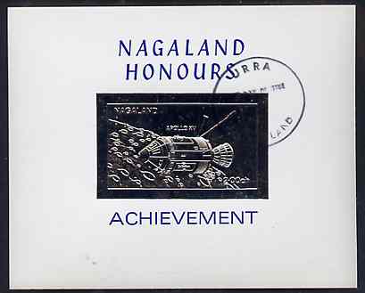 Nagaland 1972 Apollo 15 2ch value embossed in silver on glossy card with first day cancellation (imperf), stamps on space
