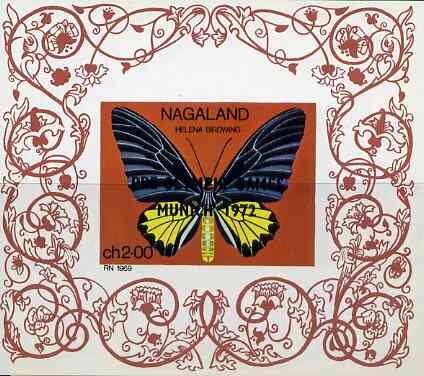 Nagaland 1971 Butterfly (Helena Birdwing) imperf Miniature sheet (2ch value) opt'd PRE-OLYMPIC GAMES, MUNICH 1972 unmounted mint, stamps on , stamps on  stamps on butterflies       olympics