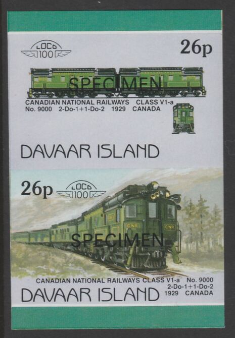 Davaar Island 1983 Locomotives #1 Canadian National Class V1-a loco No.9000 26p imperf se-tenant pair overprinted SPECIMEN unmounted mint, stamps on railways