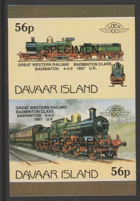 Davaar Island 1983 Locomotives #1 GWR Badminton Class 4-4-0 loco 56p imperf se-tenant pair overprinted SPECIMEN unmounted mint, stamps on railways