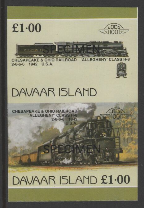 Davaar Island 1983 Locomotives #1 Chesapeake & Ohio Class H8 2-6-6-6 loco Â£1 imperf se-tenant pair overprinted SPECIMEN unmounted mint, stamps on railways
