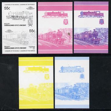 St Vincent - Bequia 55c Stephenson (4-6-4T) set of 5 imperf progressive colour proofs in se-tenant pairs comprising the 4 basic colours plus 2-colour composite (5 pairs) unmounted mint, stamps on railways