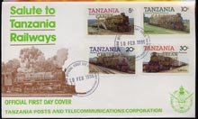 Tanzania 1985 Locomotives imperf set of 4 with Caribbean Royal Visit 1985 opt in gold on cover with first day cancel, stamps on railways, stamps on royalty, stamps on royal visit
