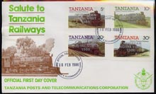 Tanzania 1985 Locomotives imperf set of 4 with Caribbean Royal Visit 1985 opt in silver on cover with first day cancel, stamps on railways, stamps on royalty, stamps on royal visit
