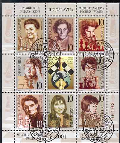Yugoslavia 2001 Women World Chess Champions perf sheetlet containing 8 values plus label fine cto used, SG 3287-94, stamps on chess, stamps on women