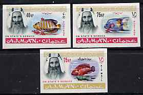 Ajman 1965 Fish imperf set of 3 from Official set unmounted mint SG O65, 67 & 69var, stamps on fish