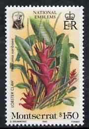 Montserrat 1985 Lobster Claw $1.50 from National Emblems Flora & Fauna set unmounted mint, SG 629*, stamps on flowers