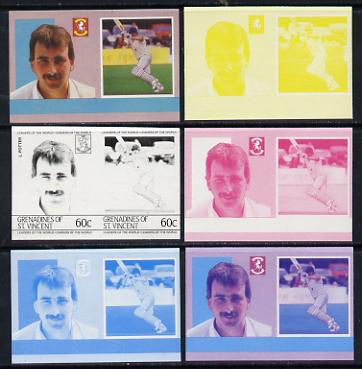 St Vincent - Grenadines 1985 Cricketers #3 - 60c L Potter - set of 6 imperf progressive colour proofs in se-tenant pairs comprising the 4 basic colours plus blue & magenta and blue, magenta & yellow composites unmounted mint (as SG 366a), stamps on cricket  sport
