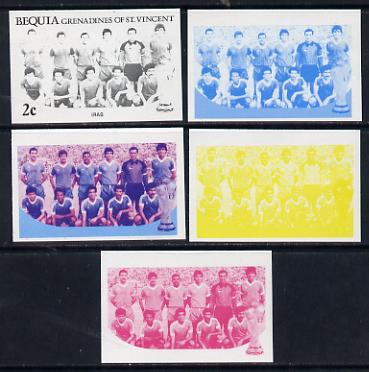 St Vincent - Bequia 1986 World Cup Football 2c (Iraqi Team) set of 5 imperf progressive colour proofs comprising the 4 basic colours plus blue & magenta composite unmounted mint, stamps on football  sport