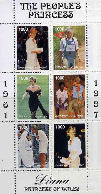 Kyrgyzstan 1997 Diana, The People's Princess perf sheetlet containing set of 6 values (designs incl Working with Red Cross, Land Mine Victims & Mother Teresa) unmounted mint, stamps on , stamps on  stamps on royalty     diana    disabled    red cross    women, stamps on  stamps on nobel