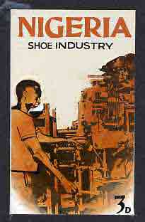 Nigeria - Original artwork probably intended for the 1961 definitive series - showing Shoe Industry (3d value) by unknown artist in black ink with orange wash,  5 x 8 mou..., stamps on industry    fashion