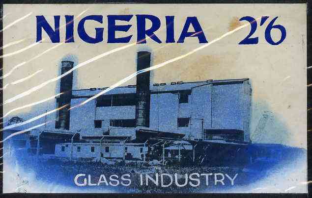 Nigeria - Original artwork probably intended for the 1961 definitive series - showing Glass Industry (2s6d value) by unknown artist in black ink with blue wash,  8 x 5 mo..., stamps on industry    glass