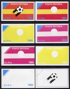 Eritrea 1982 Football World Cup imperf souvenir sheet ($160) set of 8 progressive colour proofs comprising the 4 individual colours, two 2-colour, a 3-colour and all 4-colour composites, stamps on football, stamps on sport