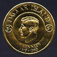 Davaar Island 1965 J F Kennedy the set of five coin shaped in gold foil each in small format and each with background colour omitted (incl the scarce 5s) unmounted mint, stamps on kennedy, stamps on personalities
