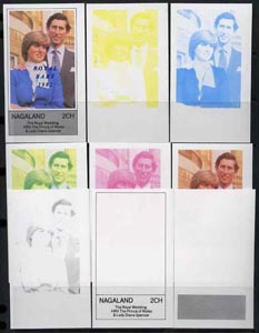 Nagaland 1982 Royal Baby opt on Royal Wedding deluxe sheet, the set of 9 imperf progressive colour proofs comprising single colours and various colour combinations incl completed design unmounted mint, stamps on charles, stamps on diana, stamps on royalty, stamps on william