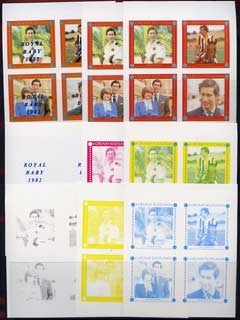Grunay 1982 Royal Baby opt on Royal Wedding imperf sheetlet containing set of 4 values, the set of 9 imperf progressive colour proofs comprising single colours and various colour combinations incl completed design (36 proofs) unmounted mint, stamps on charles, stamps on diana, stamps on royalty, stamps on william