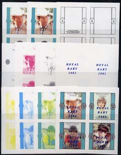 Bernera 1982 Royal Baby opt on Royal Wedding imperf sheetlet containing 4 values, the set of 11 imperf progressive colour proofs comprising single colours and various colour combinations incl completed design (44 proofs) unmounted mint, stamps on charles, stamps on diana, stamps on royalty, stamps on william